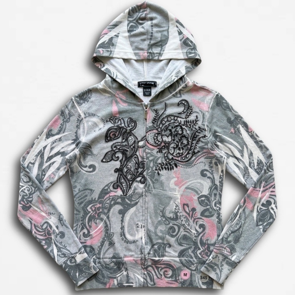 Spy Zone Exchange Grey Pink Paisley Beaded Zip Up Hoodie Womens Small